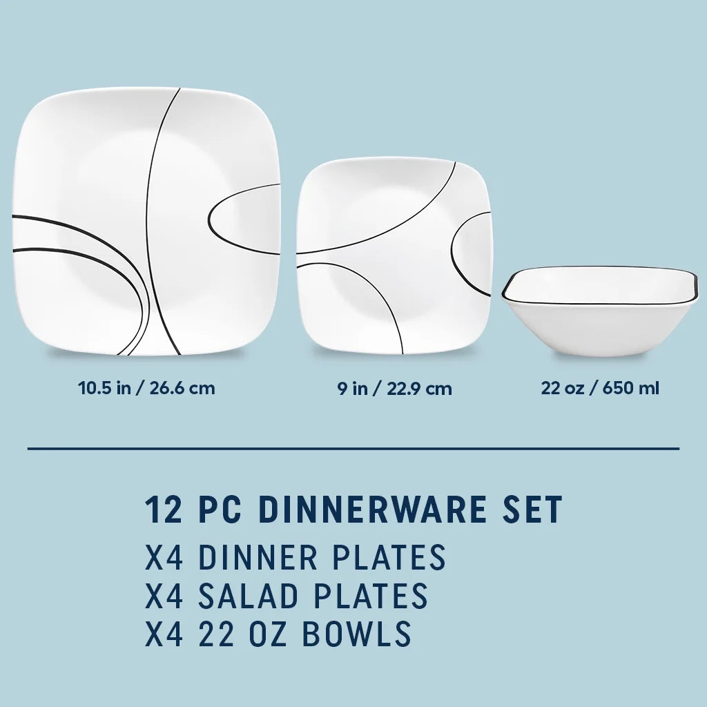 Corelle Simple Lines 12 - Piece Square Glass Dinnerware Set (Service for 4)