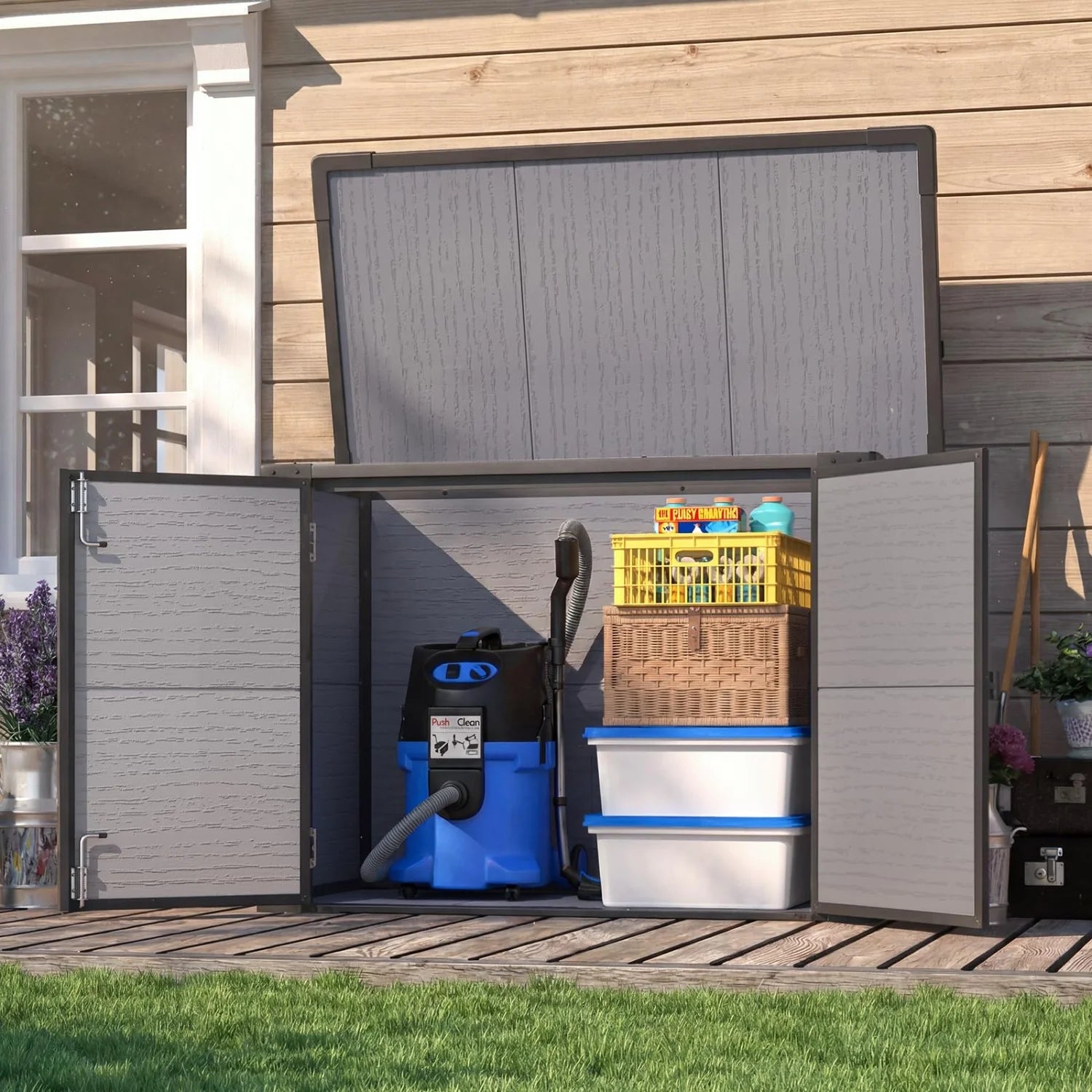 AECOJOY Resin Outdoor Storage Cabinet 23 Cu.Ft Plastic Trash Can Storage Shed with Base