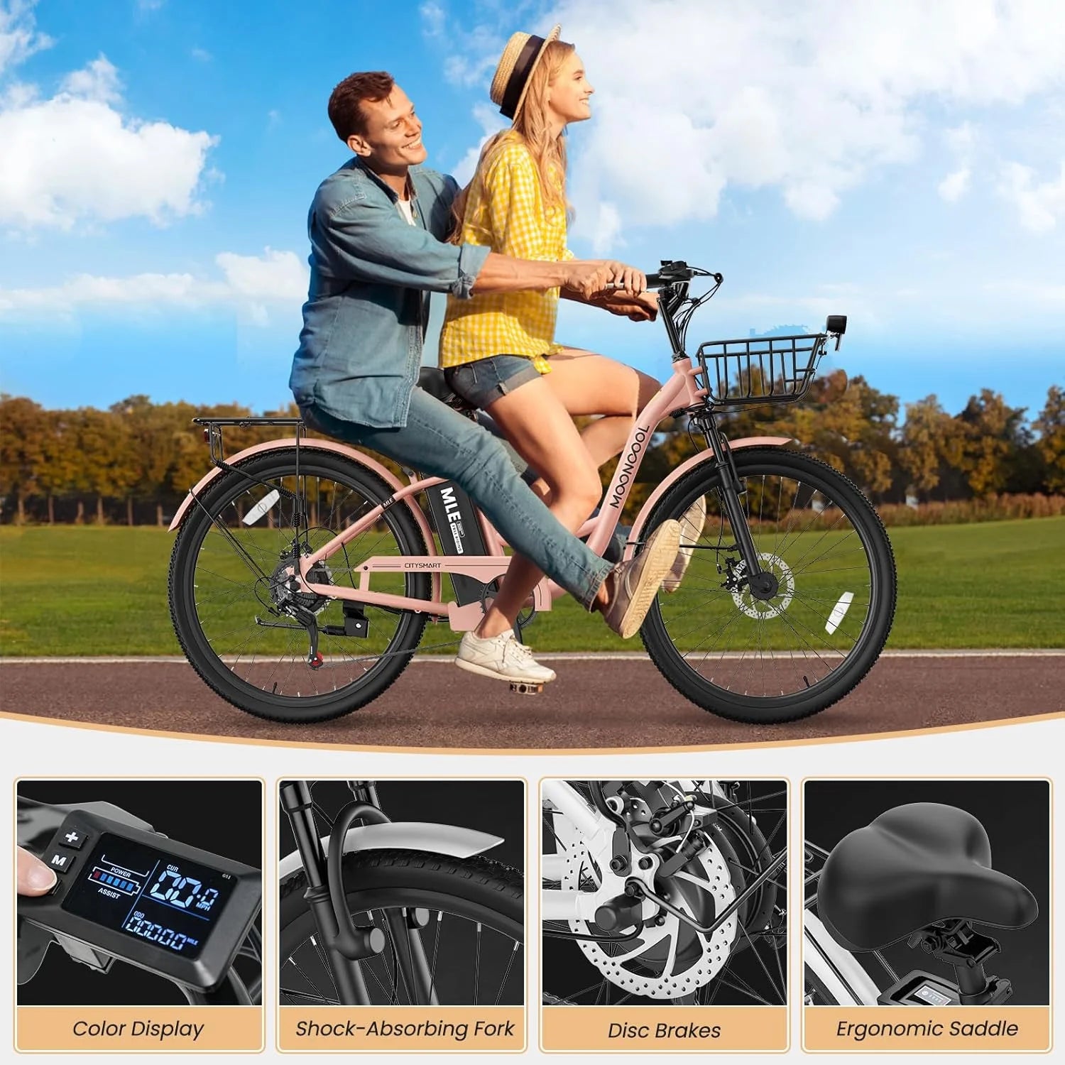 MOONCOOL Electric Bicycle for Adults 350W, 7 - Speed Ebike with 36V 10.4ah Removable Battery， 40 Miles Range, 20 Mph Electric Commuter Bike for Women Men, Certified to UL 2849 by SGS