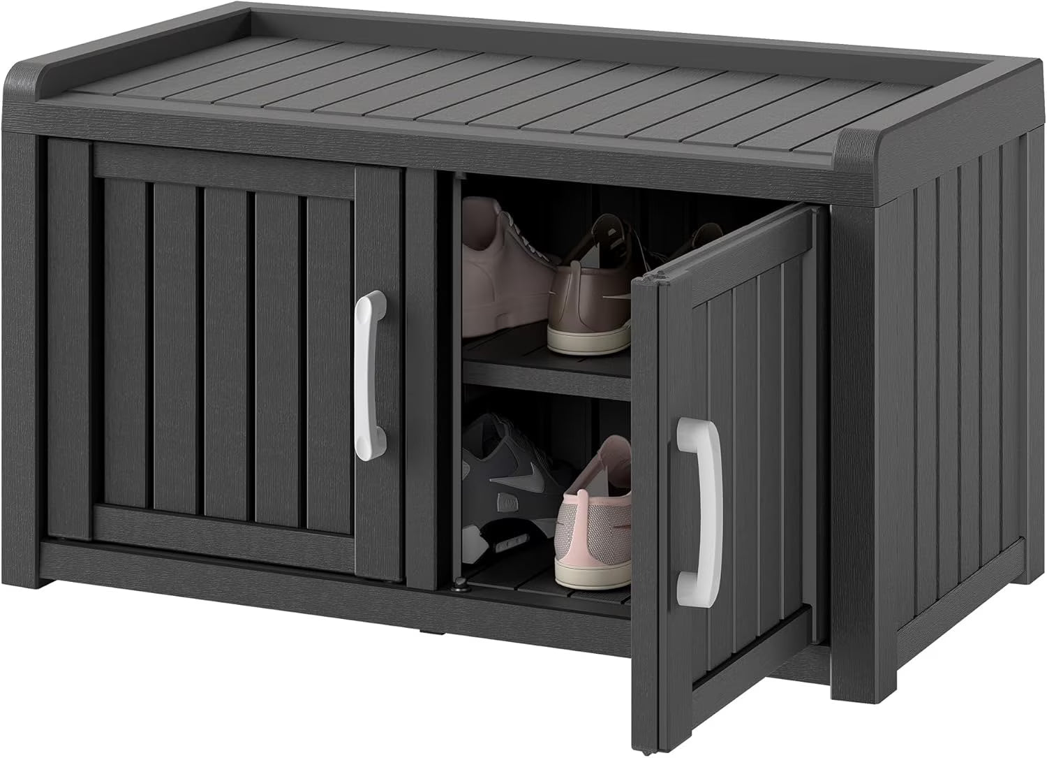 KAMABOKO Outdoor Shoe Storage Cabinet, Waterproof UV - Resistant Entryway Storage Bench Indoor Outdoor with 2 Barn Doors, Adjustable Shelves for Entryway, Bedroom, Hallway, Living Room(Black)