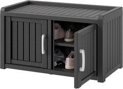 KAMABOKO Outdoor Shoe Storage Cabinet, Waterproof UV - Resistant Entryway Storage Bench Indoor Outdoor with 2 Barn Doors, Adjustable Shelves for Entryway, Bedroom, Hallway, Living Room(Black)