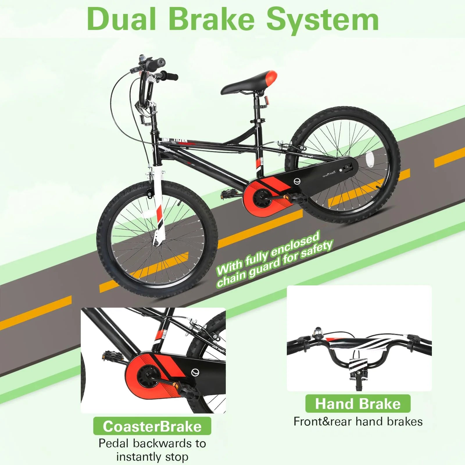 Kids Bike Boy Bicycle 20 in for Children Age 6 - 12 Years Old Height 48 - 60 in Toddler Cycling Dual Hand Brakes Black Sport Outdoor Bikes
