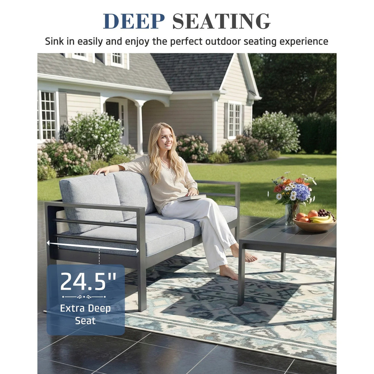 AECOJOY Aluminum Patio Furniture Set, 5 Pieces Outdoor Sectional Sofa Set, Light Gray