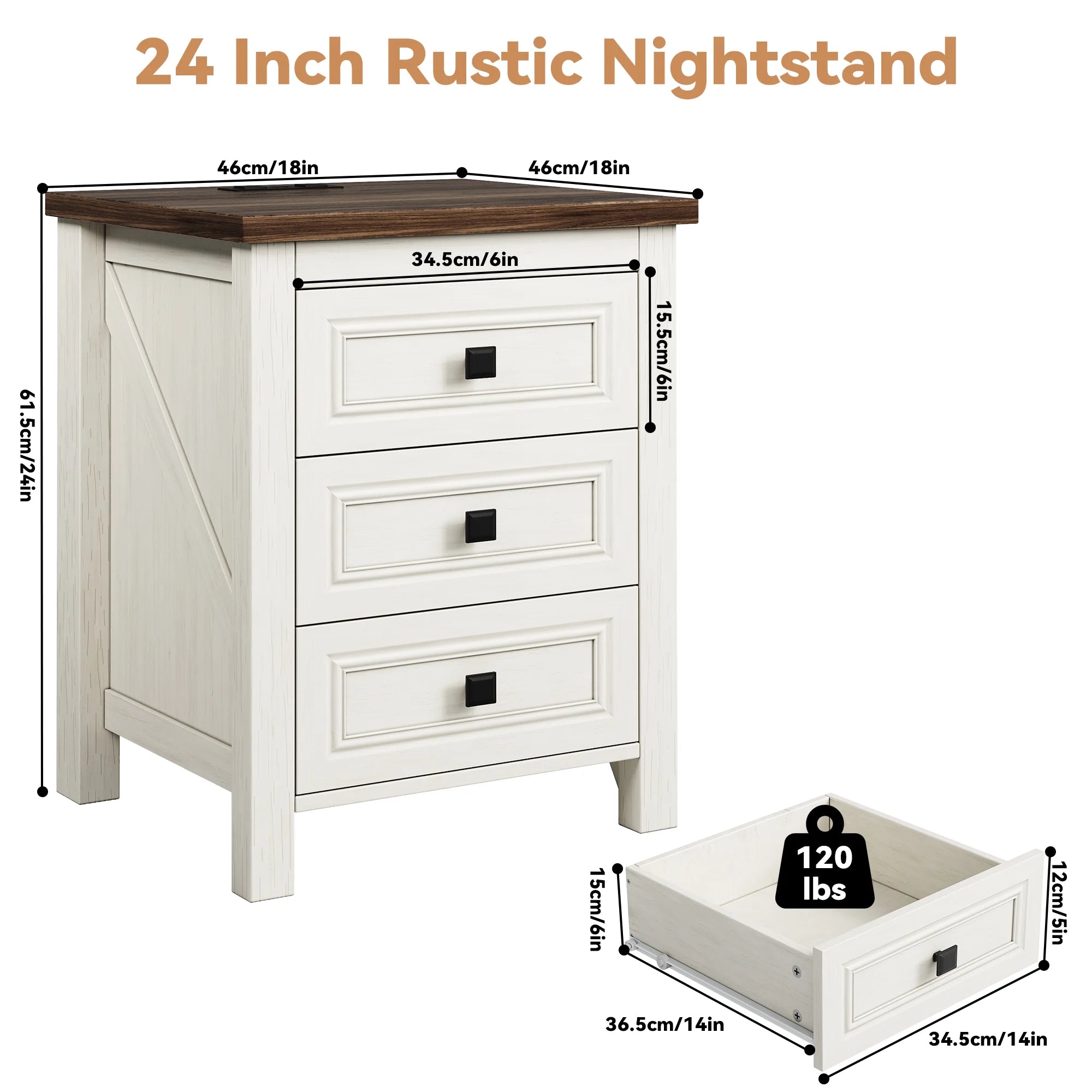 IDEALSOUL Nightstand, Bedside Table with Charging Station, Farmhouse 3 Drawer Nightstand Rustic Night Stand End Tables for Bedroom Living Room, Gray