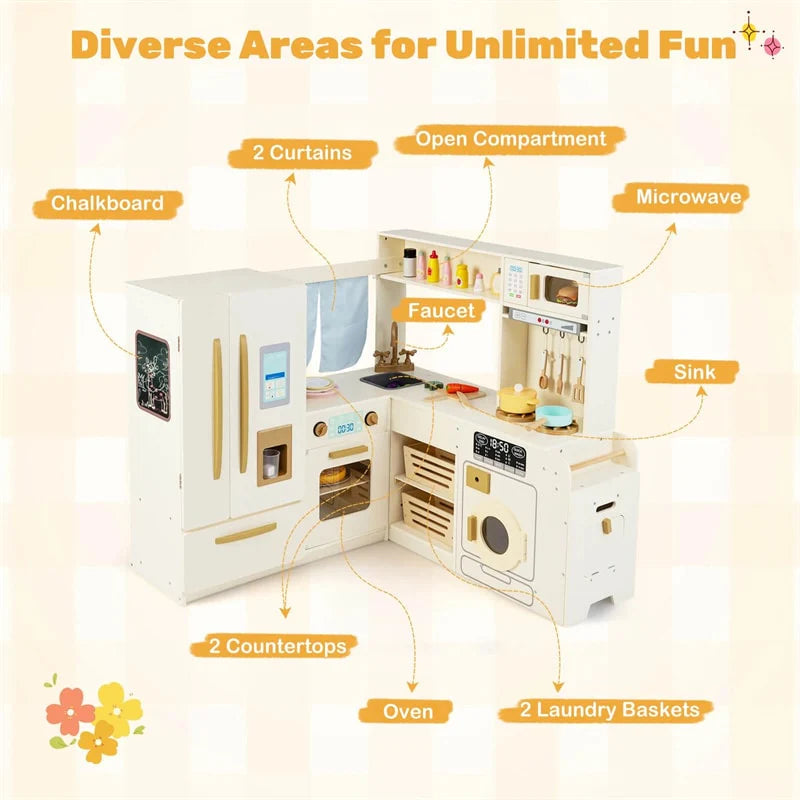 Corner Kids Kitchen Playset with Trash Can, Real Lights & Sounds, 2-Door Fridge, 22 Accessories, Wooden Pretend Play Kitchen for Toddlers 3+