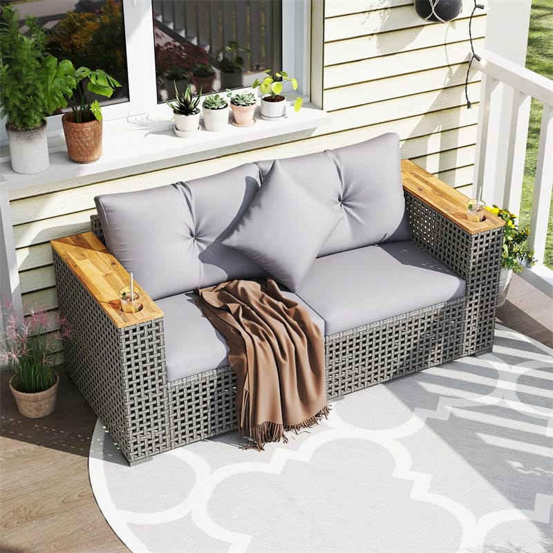 62.5" Patio Wicker Loveseat w/ Acacia Wood Armrests & Cup Holders, 2PCS Modular Rattan Corner Sectional Sofa w/ Cushions & Pillows for Backyard
