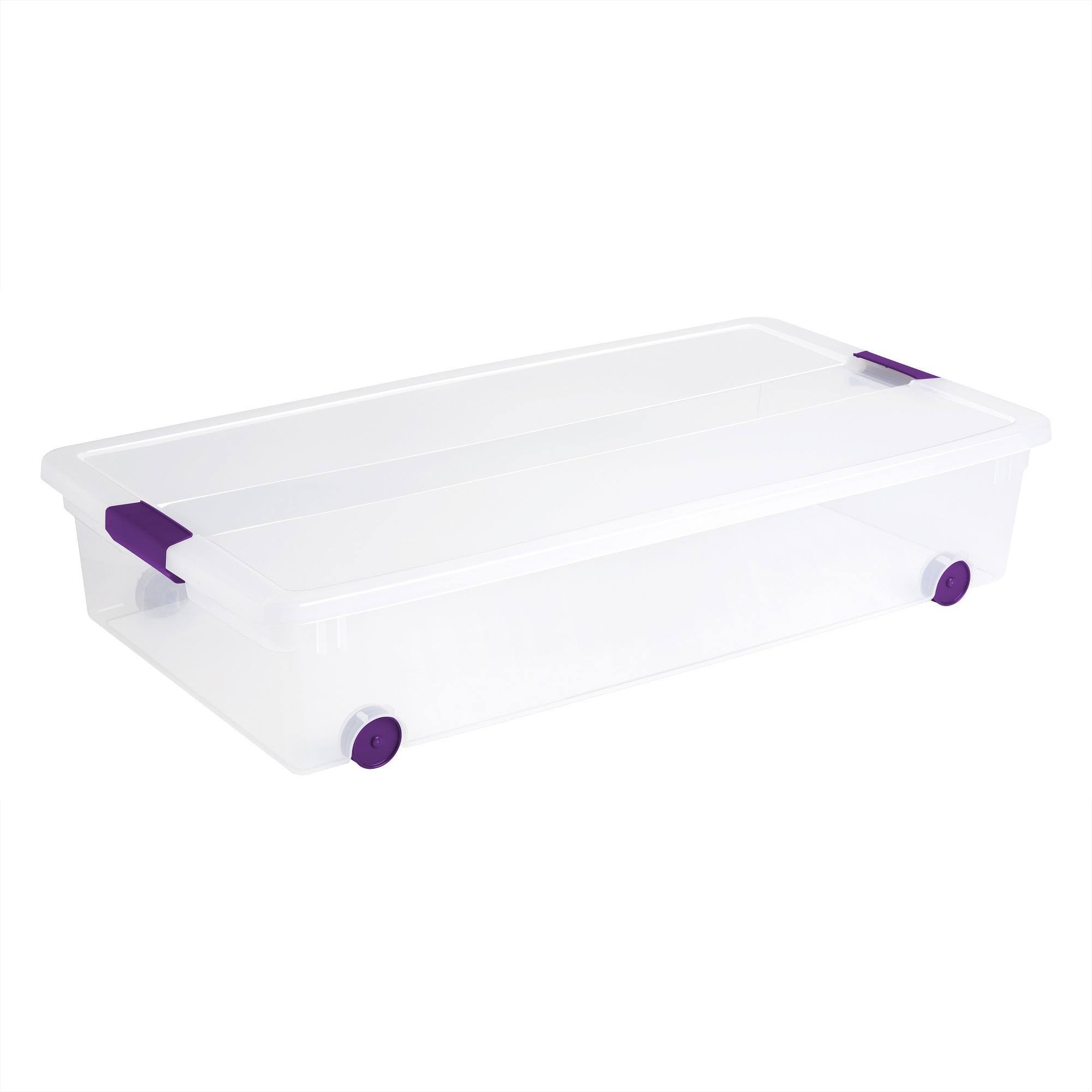 Sterilite Underbed Storage Bin with Purple Latch, Clear, 15 Gallon Capacity