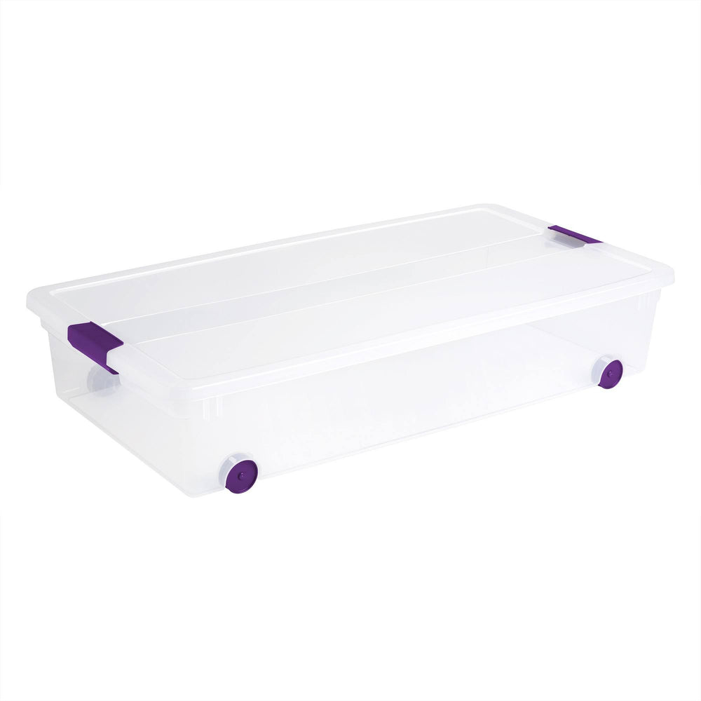 Sterilite Underbed Storage Bin with Purple Latch, Clear, 15 Gallon Capacity