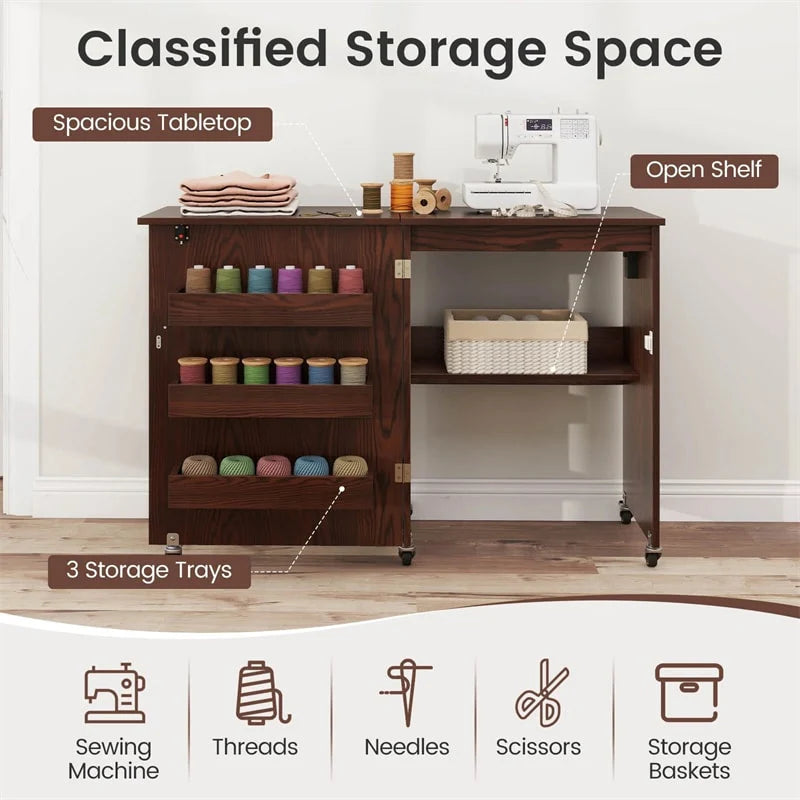 Folding Sewing Table with Charging Station, Rolling Craft Table w/ 3 Storage Trays & Shelf, Mobile Sewing Machine Cabinet for Small Spaces