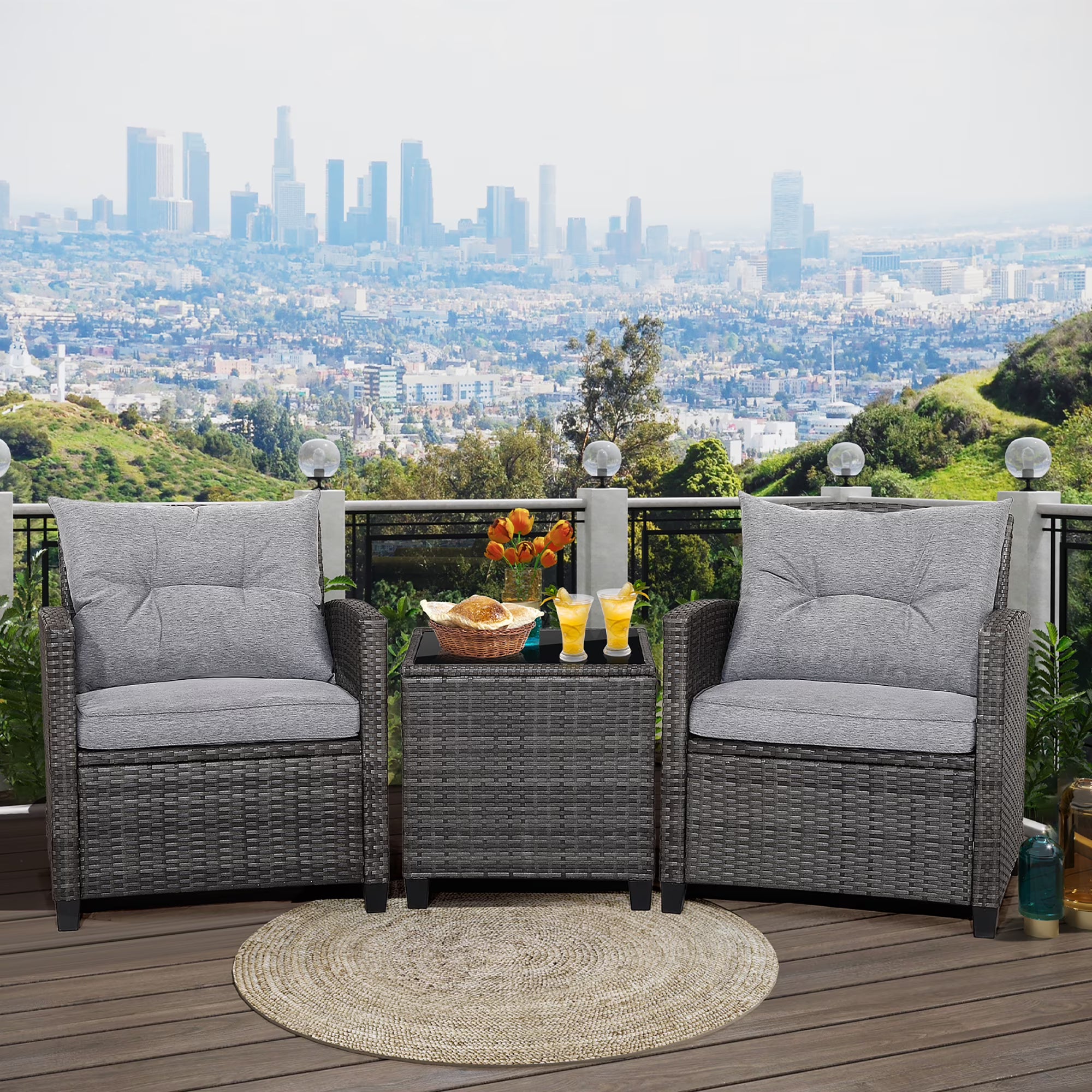 Gymax 3PCS Patio Rattan Sofa Set Outdoor Wicker Conversation Set Glass Tabletop W/ Grey Cushion