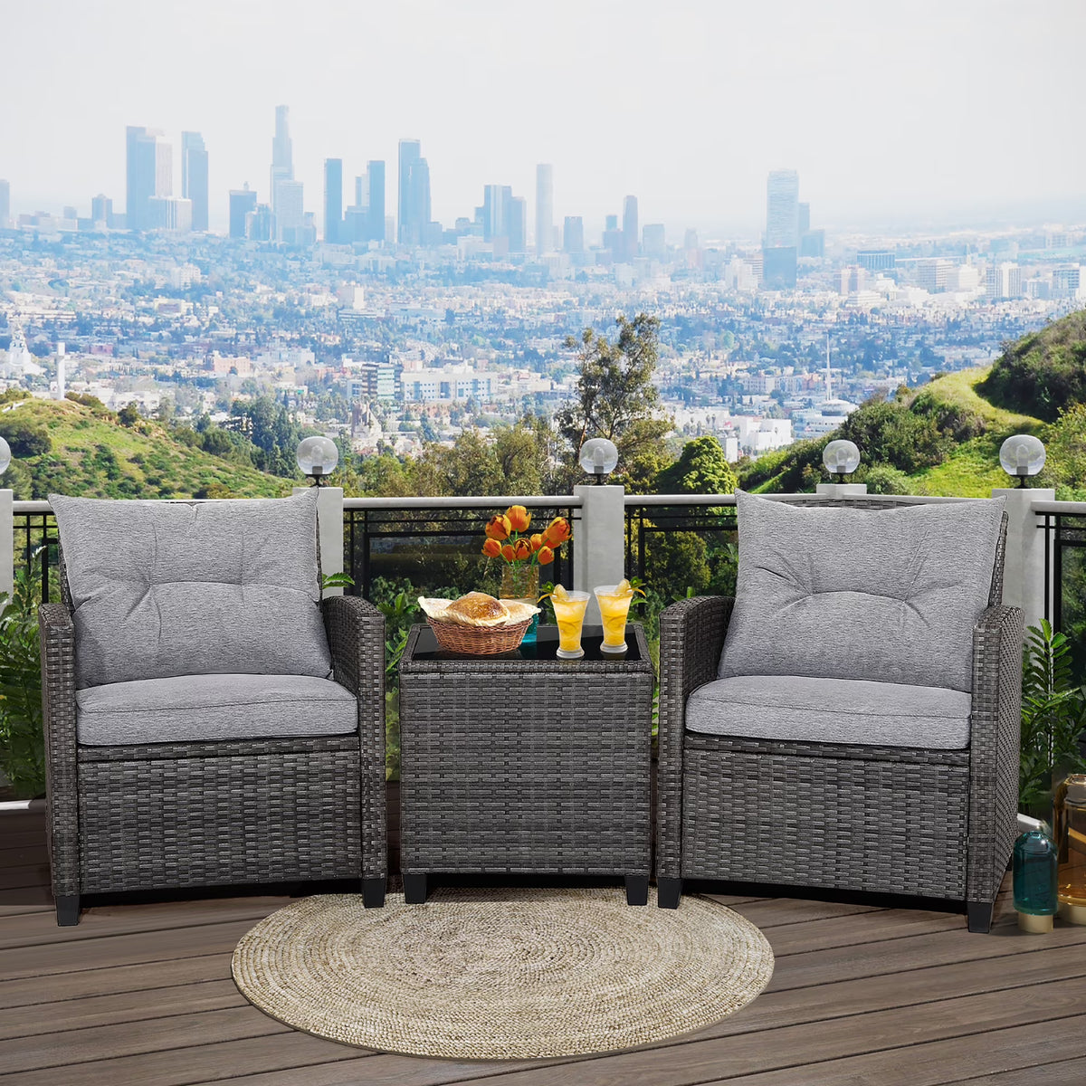 Gymax 3PCS Patio Rattan Sofa Set Outdoor Wicker Conversation Set Glass Tabletop W/ Grey Cushion