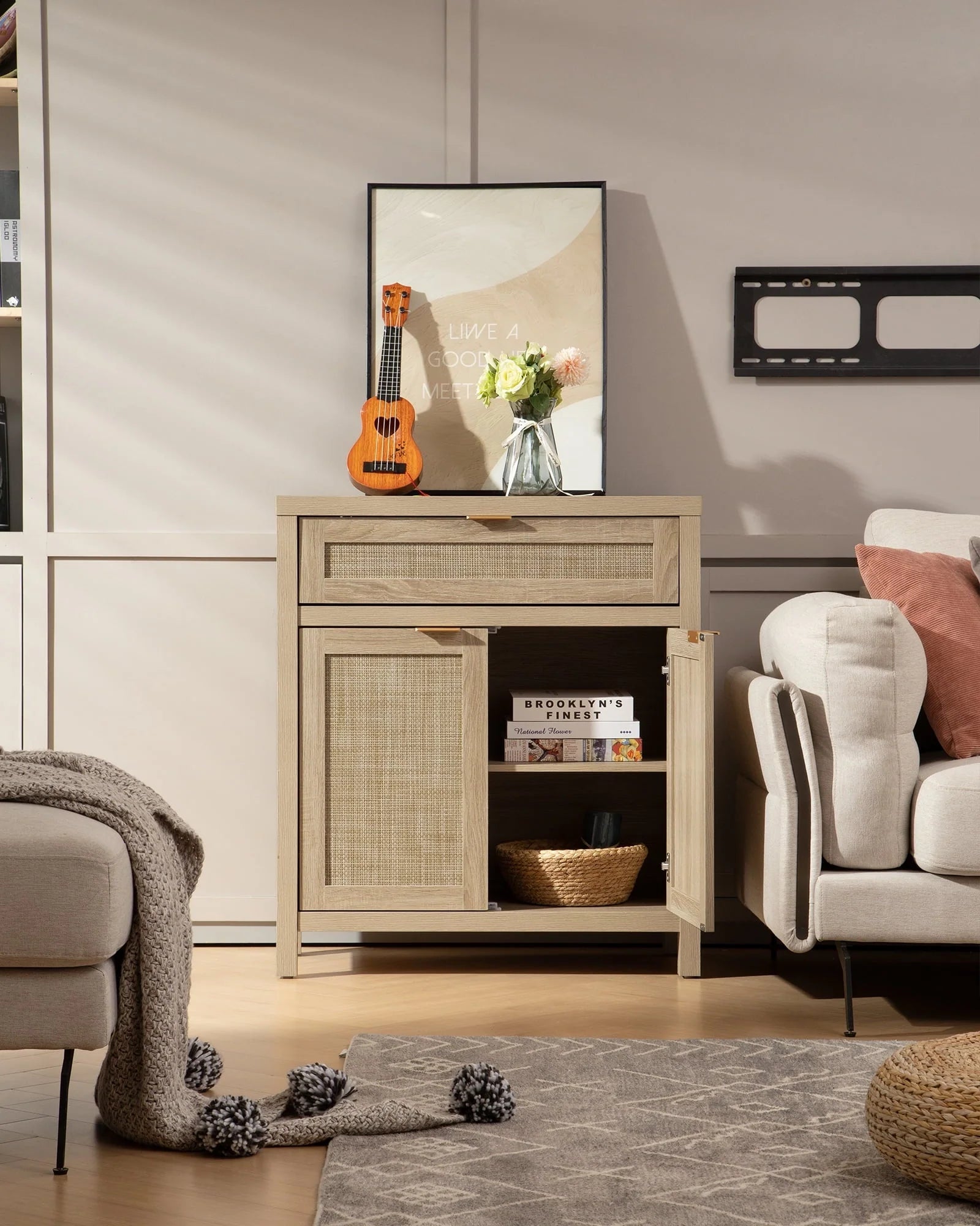 Nopurs Rattan Sideboard Buffet Cabinet Set of 2, Boho Storage Cabinet Buffet Table with Doors and Drawer, Coffee Bar Cabinet for Kitchen Entryway Living Dining Room, Light Oak