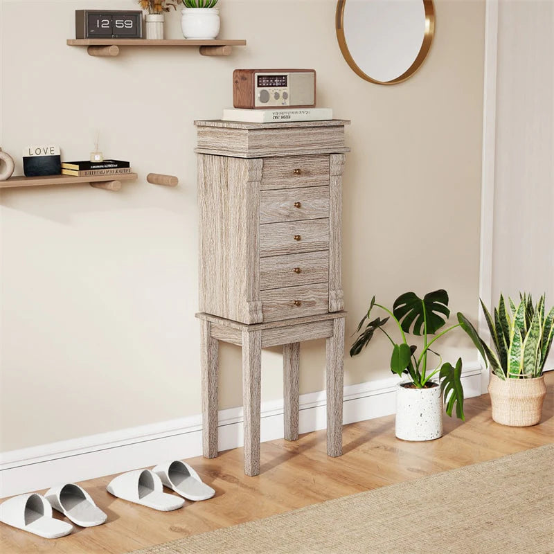 Standing Jewelry Armoire Cabinet with Flip Top Mirror, 5 Drawers & 2 Swing Doors, Velvet Lined Jewelry Storage Organizer for Necklaces Rings