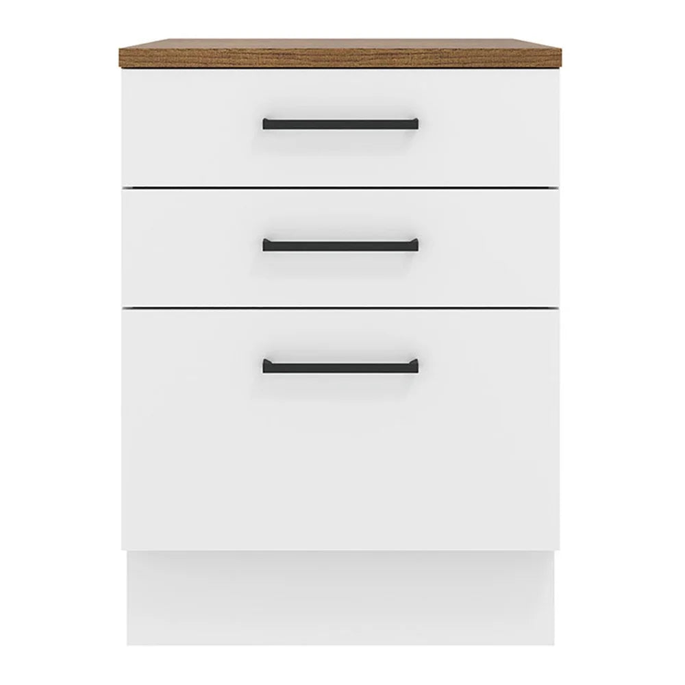 Madesa Hazel Kitchen Storage Base Cabinet with 3 Drawers 23 in Wide Engineered Wood Painted Finish Floor Mount Removable Plinth - White