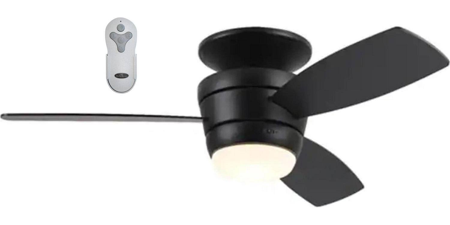 Harbor Breeze Mazon 44-in Black LED Indoor Flush Mount Ceiling Fan with Light Remote (3-Blade)