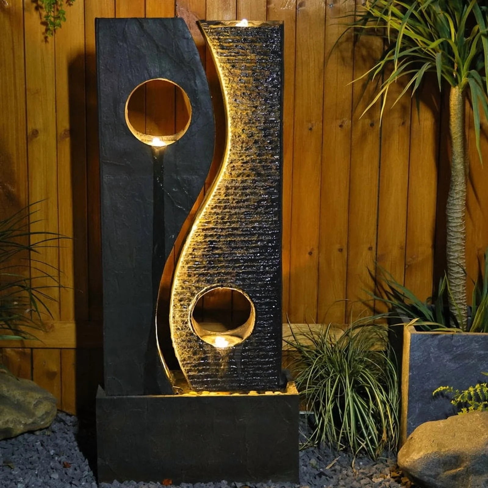 Water Feature Fountain Outdoor Garden Waterfall Faux Rust Finish with LED Lights for Patio Yard Pool Home Decor