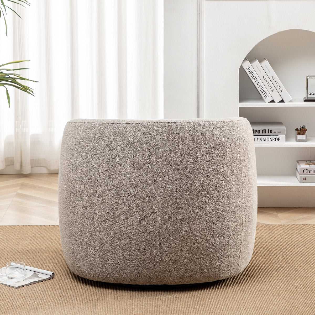 34" Wide Boucle Swivel Barrel Chair, No Assembly Round Upholstered Armchair Accent Chair Single Sofa Chair with Toss Pillow for Living Room and Bedroom, Taupe