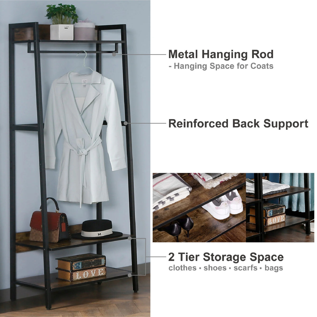 JJS 33" Entryway Coat Rack, Industrial Rustic Hall Tree Shoe Bench with Storage Drawers and Shelf for Hallway, Wood Look Accent Furniture with Metal Frame, Rustic Brown