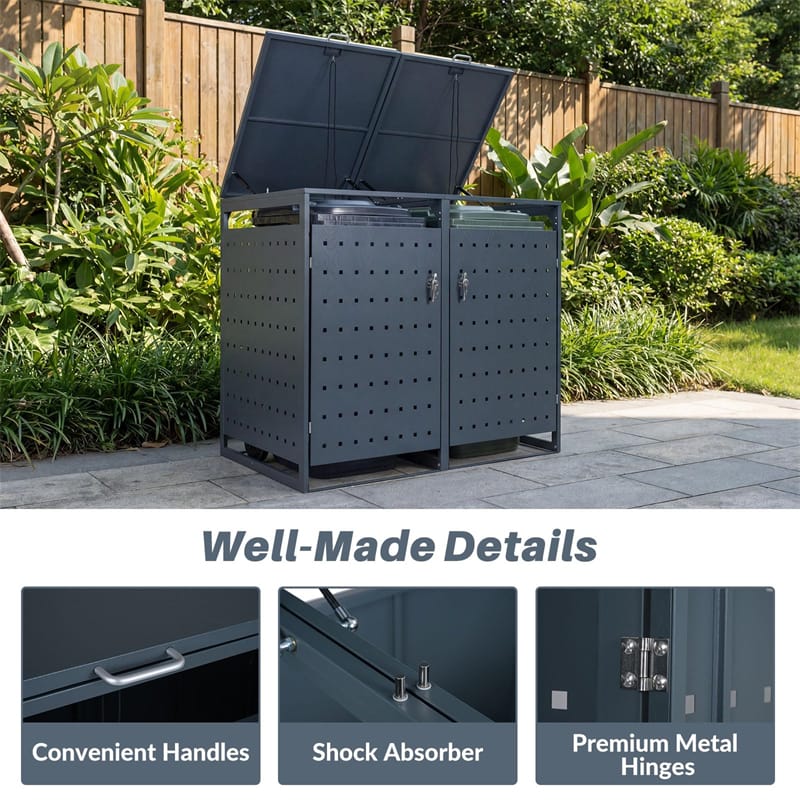 Outdoor Metal Garbage Bin Storage Shed for 2 Trash Cans, 44 Cu.Ft Double Trash Can Enclosure w/ Gas Struts & Lockable Doors, Patio Garden Bin Cabinet