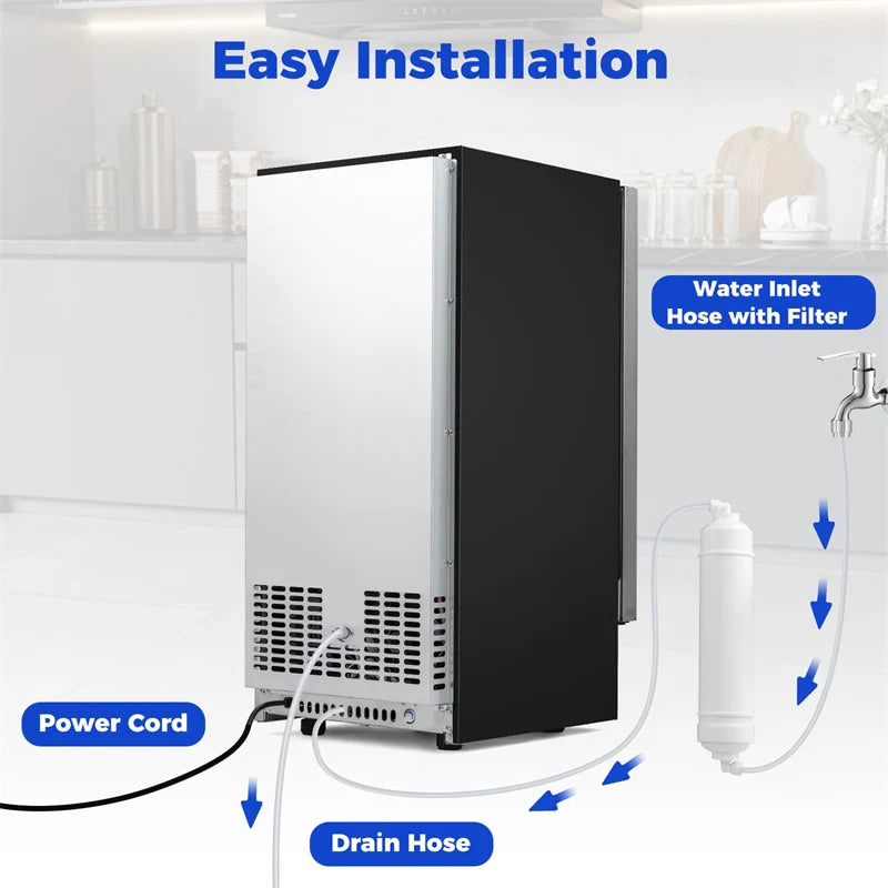 110 LBS/24H Commercial Ice Maker, 15" Built-in Undercounter Ice Machine with 25 LBS Storage & Reversible Door for Home Bar, Restaurant