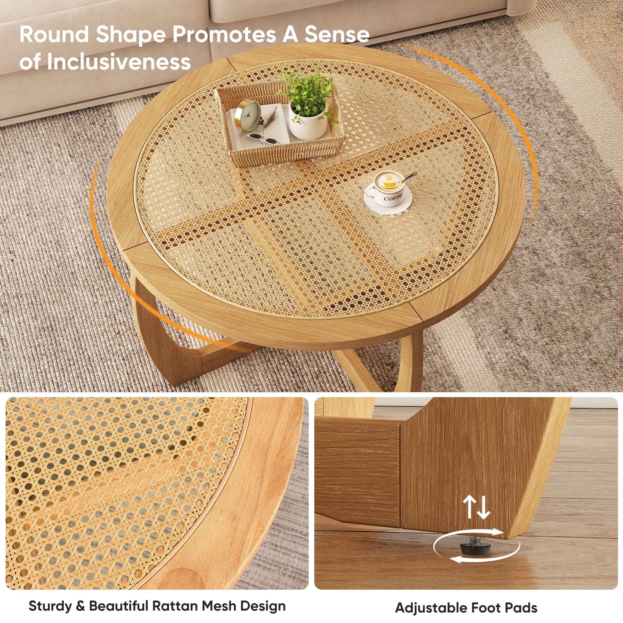 Round Wood Coffee Table with Glass Rattan Top, Wooden Circle Center Table with Curved Legs & Removeable Tempered Glasstop, Cocktail Table for Living Room, Light Brown 32.28" x 18.15"