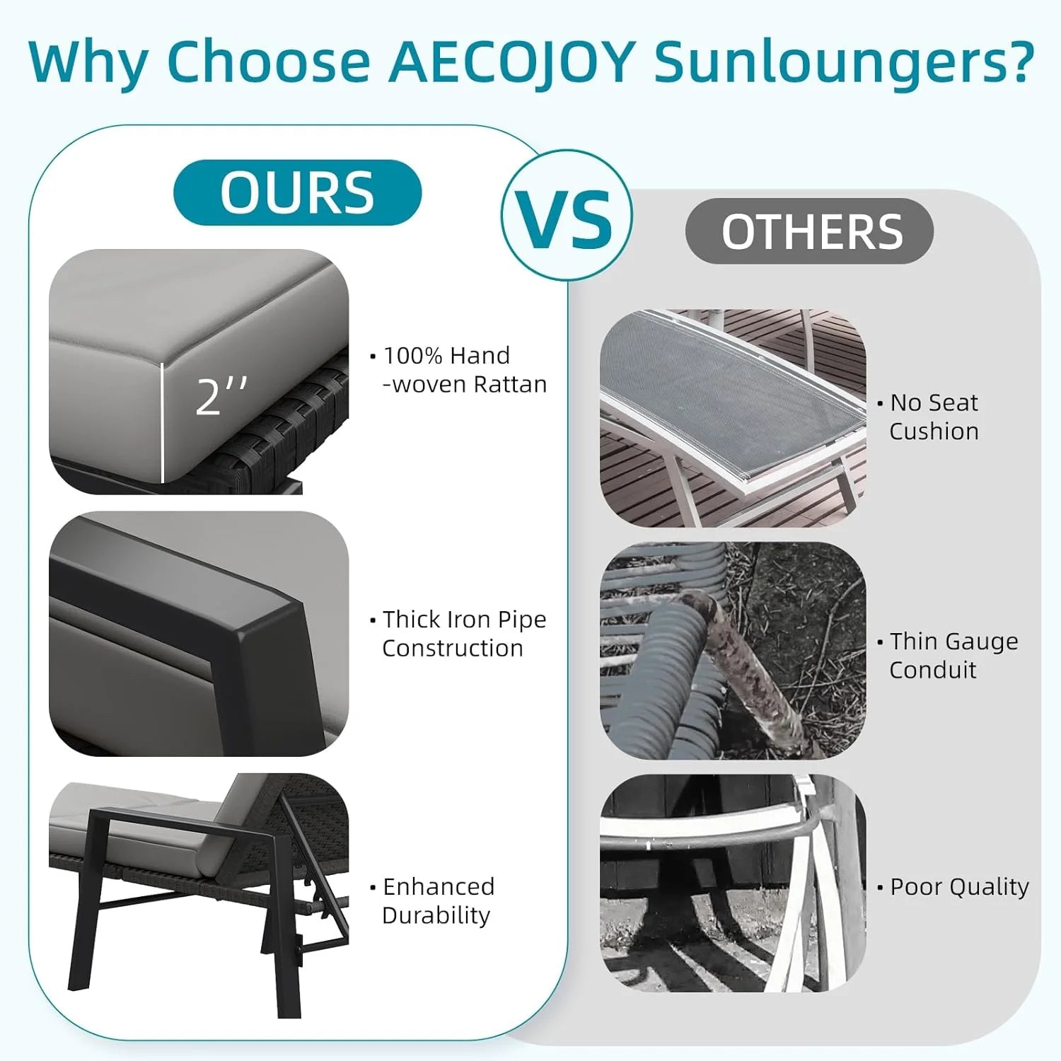AECOJOY Chaise Lounge Chairs for Outside Set of 2, Adjustable Wicker PE Rattan Patio Pool Recliner Chair with Removable Cushion