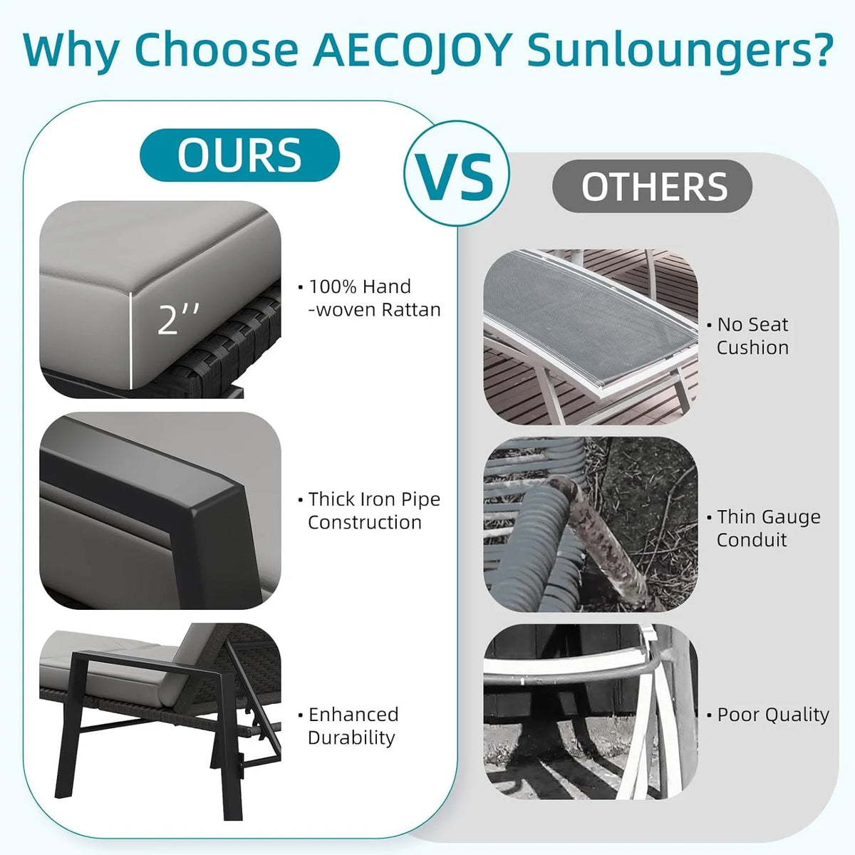 AECOJOY Chaise Lounge Chairs for Outside Set of 2, Adjustable Wicker PE Rattan Patio Pool Recliner Chair with Removable Cushion