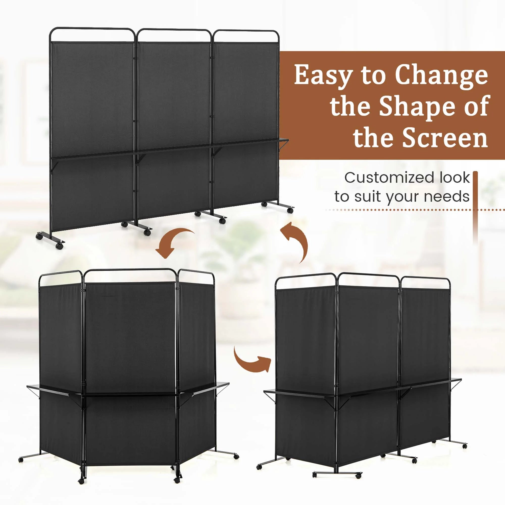 Costway 3 - Panel Room Divider with Storage Shelves 6FT Tall Folding Privacy Screen on Wheels Black