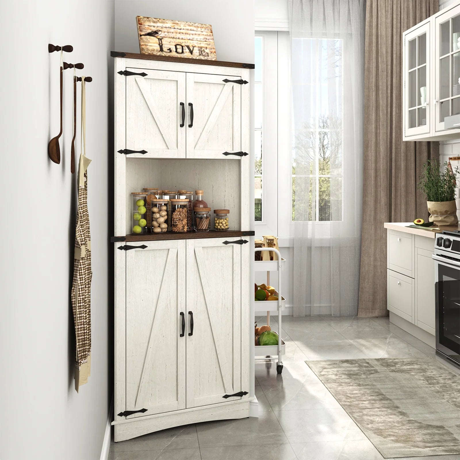 Blotout 68" Tall Farmhouse Corner Cabinet with 4 Doors, 28.3" W Barn Door Storage Cabinet with Adjustable Shelves, 5 Tier Corner Storage Cabinet for Bathroom, Living Room, Kitchen
