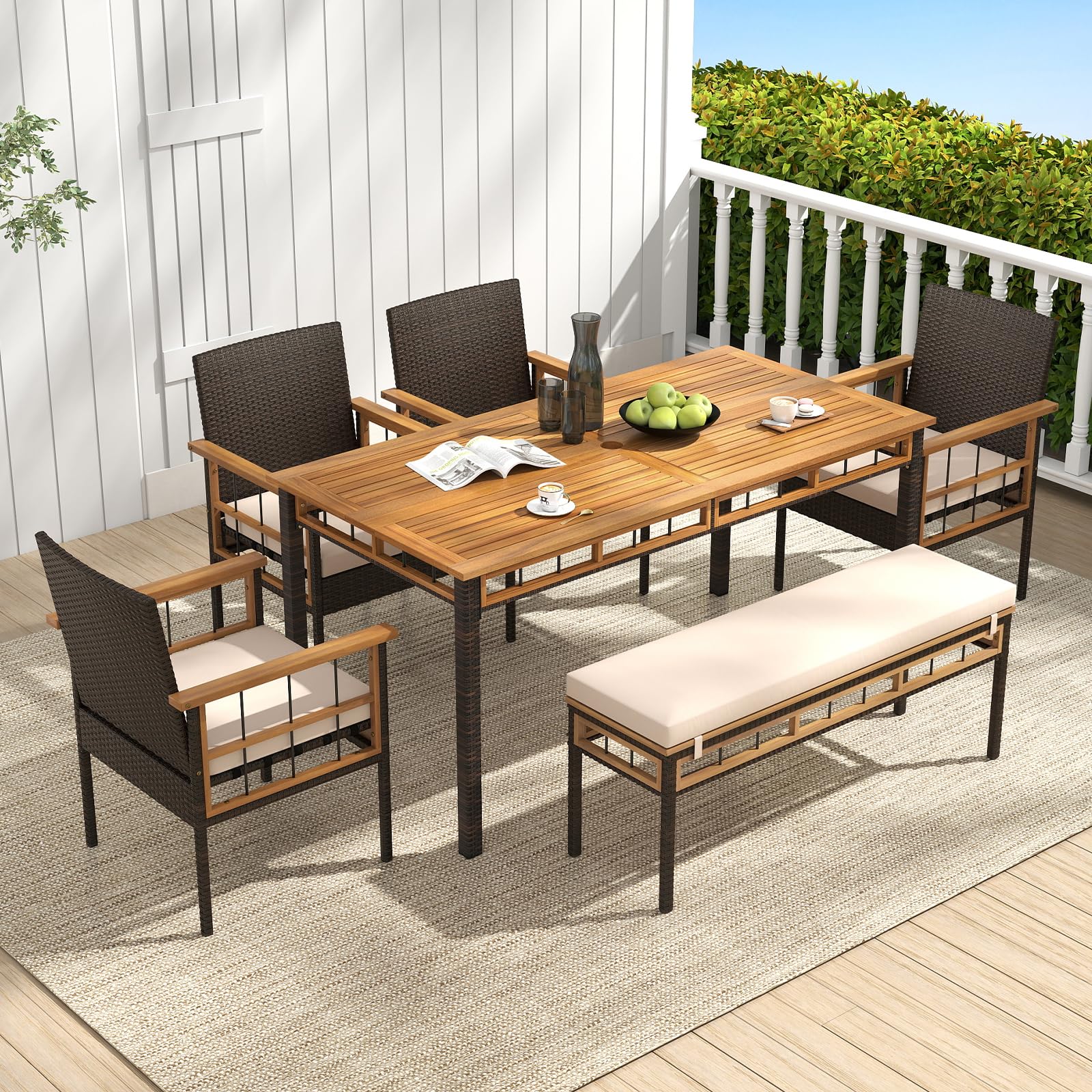 Tangkula 6 Pieces Patio Dining Table Set with 1.97” Umbrella Hole & Cushioned Backless Bench & 4 Armchairs