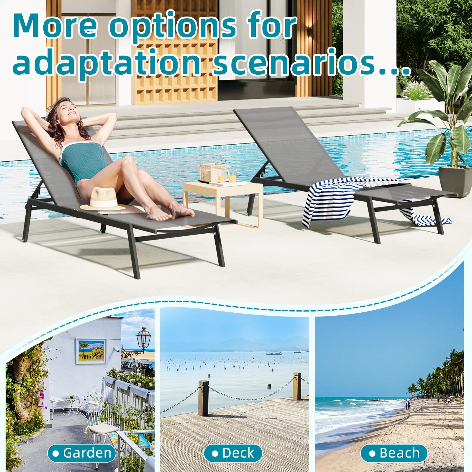 AECOJOY Patio Lounge Chairs, Outdoor Chaise Lounge with Wheels, Dark Grey