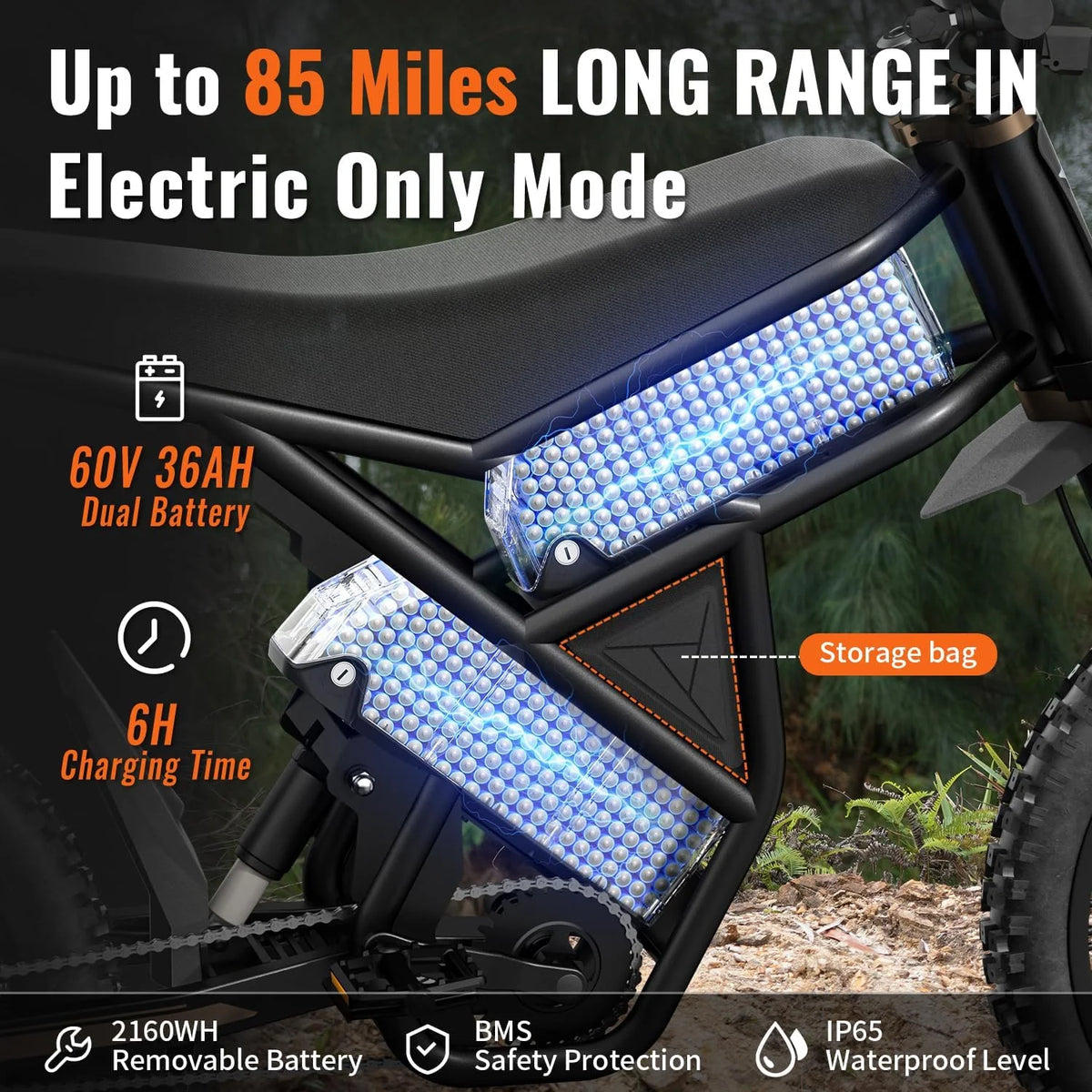 2000W Electric Dirt Bike for Adults Ridingtimes GT73 UL2849, Brushless Hub Motor, 18.2ah*2 Electric Bike with 25\ Tires Digital Screen Carbon Steel