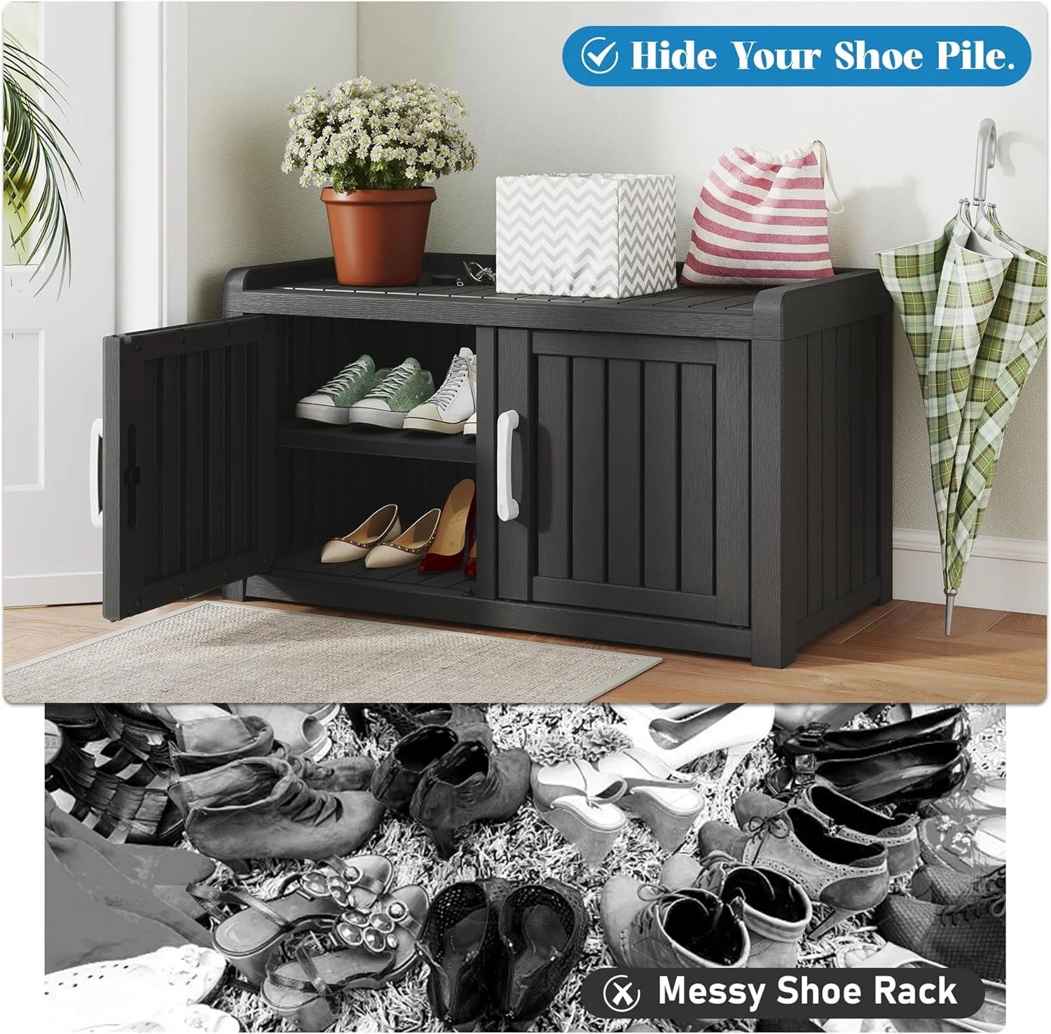 KAMABOKO Outdoor Shoe Storage Cabinet, Waterproof UV - Resistant Entryway Storage Bench Indoor Outdoor with 2 Barn Doors, Adjustable Shelves for Entryway, Bedroom, Hallway, Living Room(Black)