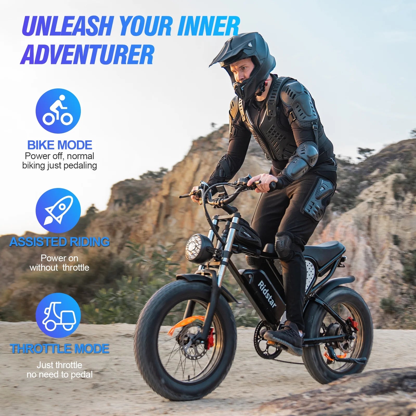 Ridstar Electric Bike for Adults Q20, 1200W 30MPH, 48V 15.6ah Electric Bicycle, 7 Speed Full Suspension Mountain Bike UL2849