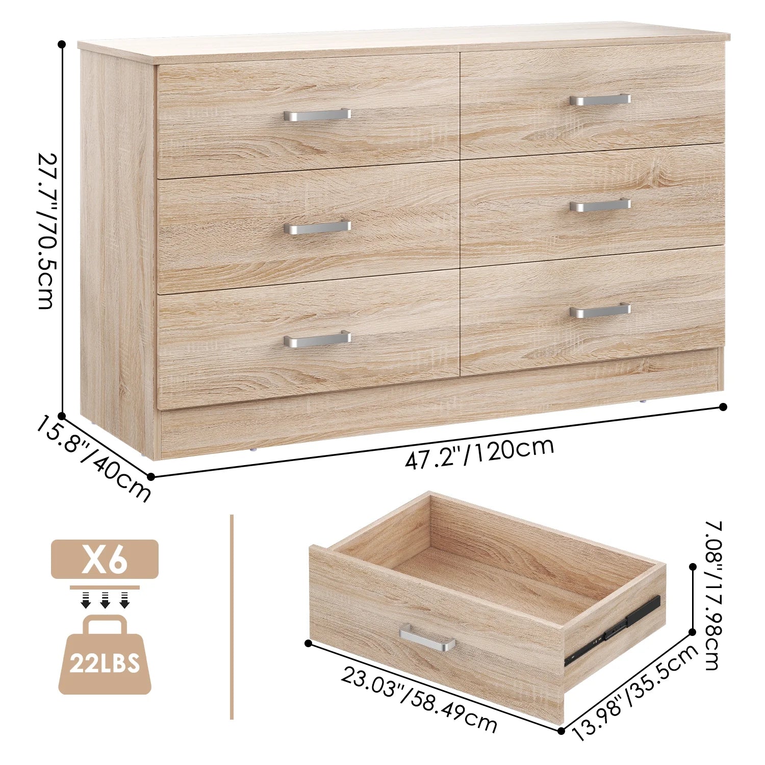Winkalon 6 Drawer Oak Double Dresser, Wood Storage Cabinet with Easy Pull Out Handles for Living Room, Chest of Drawers for Bedroom