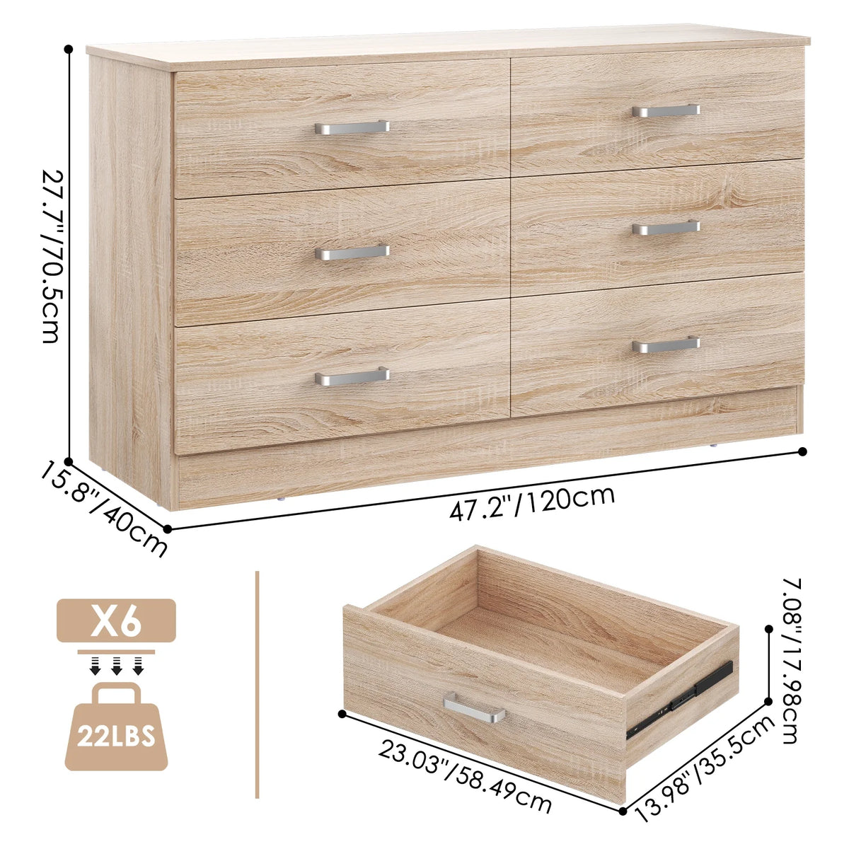 Winkalon 6 Drawer Oak Double Dresser, Wood Storage Cabinet with Easy Pull Out Handles for Living Room, Chest of Drawers for Bedroom