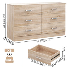 Winkalon 6 Drawer Oak Double Dresser, Wood Storage Cabinet with Easy Pull Out Handles for Living Room, Chest of Drawers for Bedroom