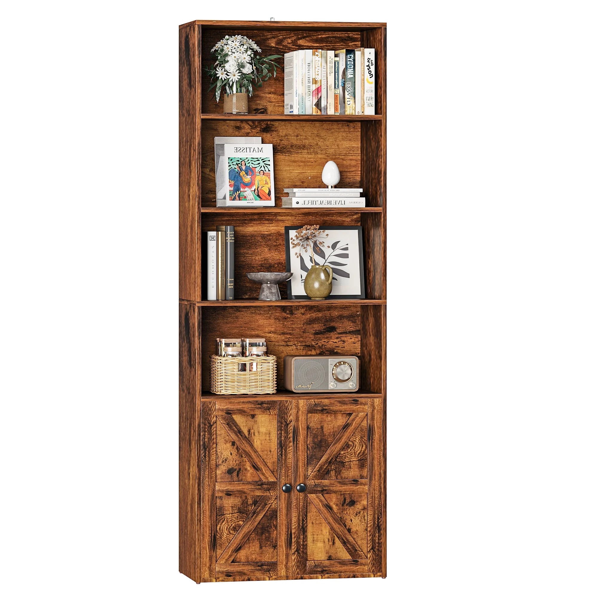 Furmax 1 Piece 4 - Shelf Farmhouse Bookcases 4 - Tier Bookshelf with Adjustable Shelves&Doors, Storage Cabinet for Home Living Room, Kitchen, Office, White