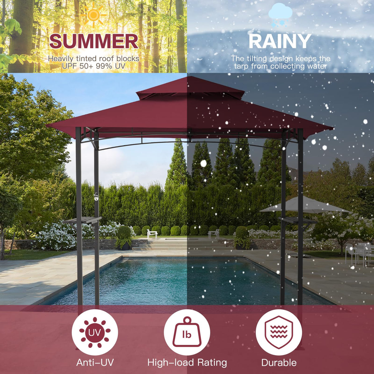 AECOJOY Grill Gazebo 8’x 5’ Outdoor Patio Backyard BBQ Grill Shelter, Red