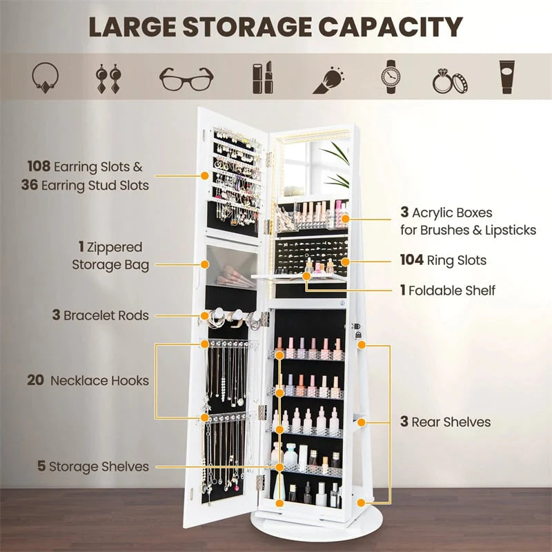 360° Swivel Jewelry Cabinet Armoire w/ Full Length Mirror 3-Color LED Lights & Rear Shelves, Lockable Standing Jewelry Storage Organizer