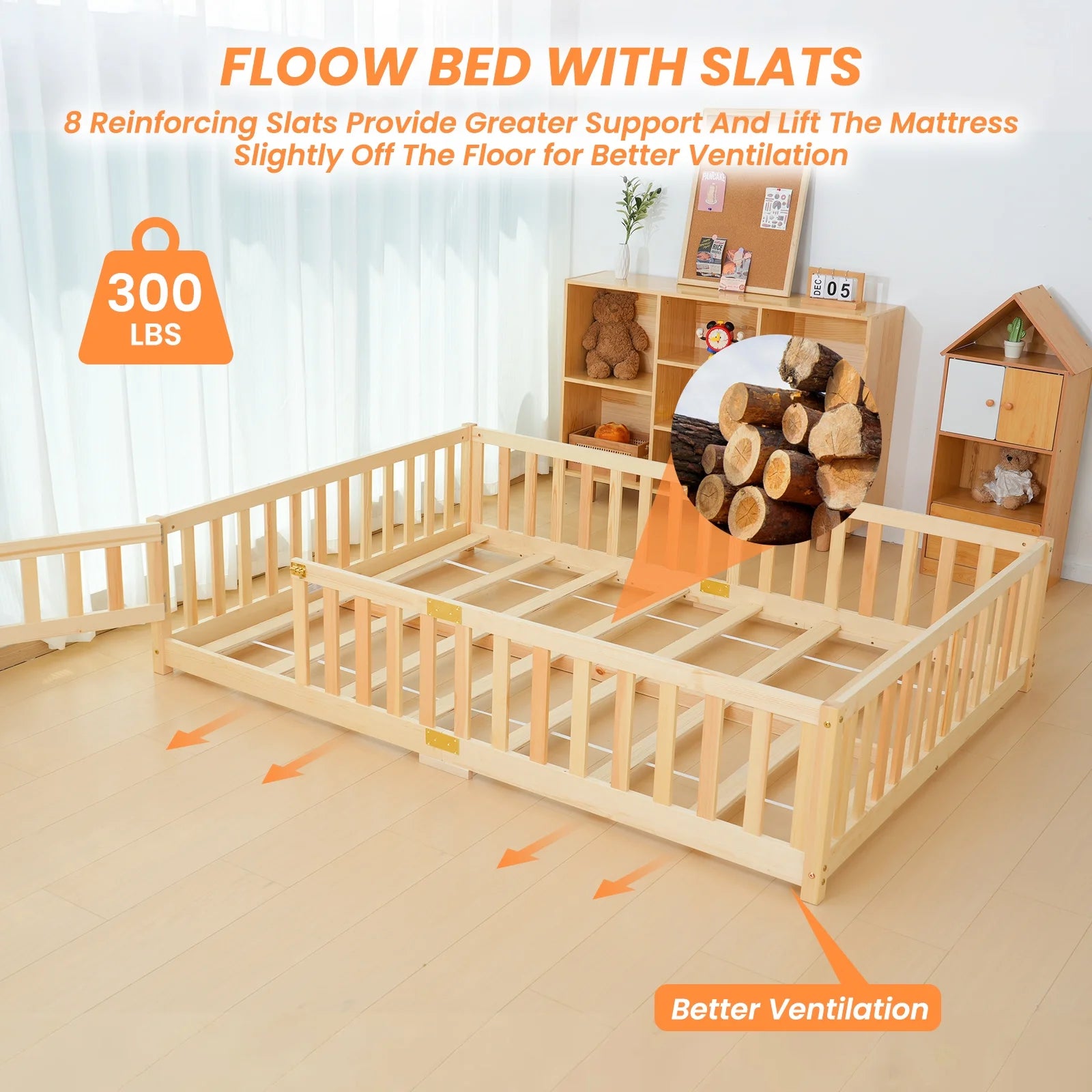 Slsy Twin Size Toddler Floor Bed, Solid Wood Montessori Bed Frame with Fence & Door Montessori Floor Bed Crib with Safety Guardrails for Girls and Boys