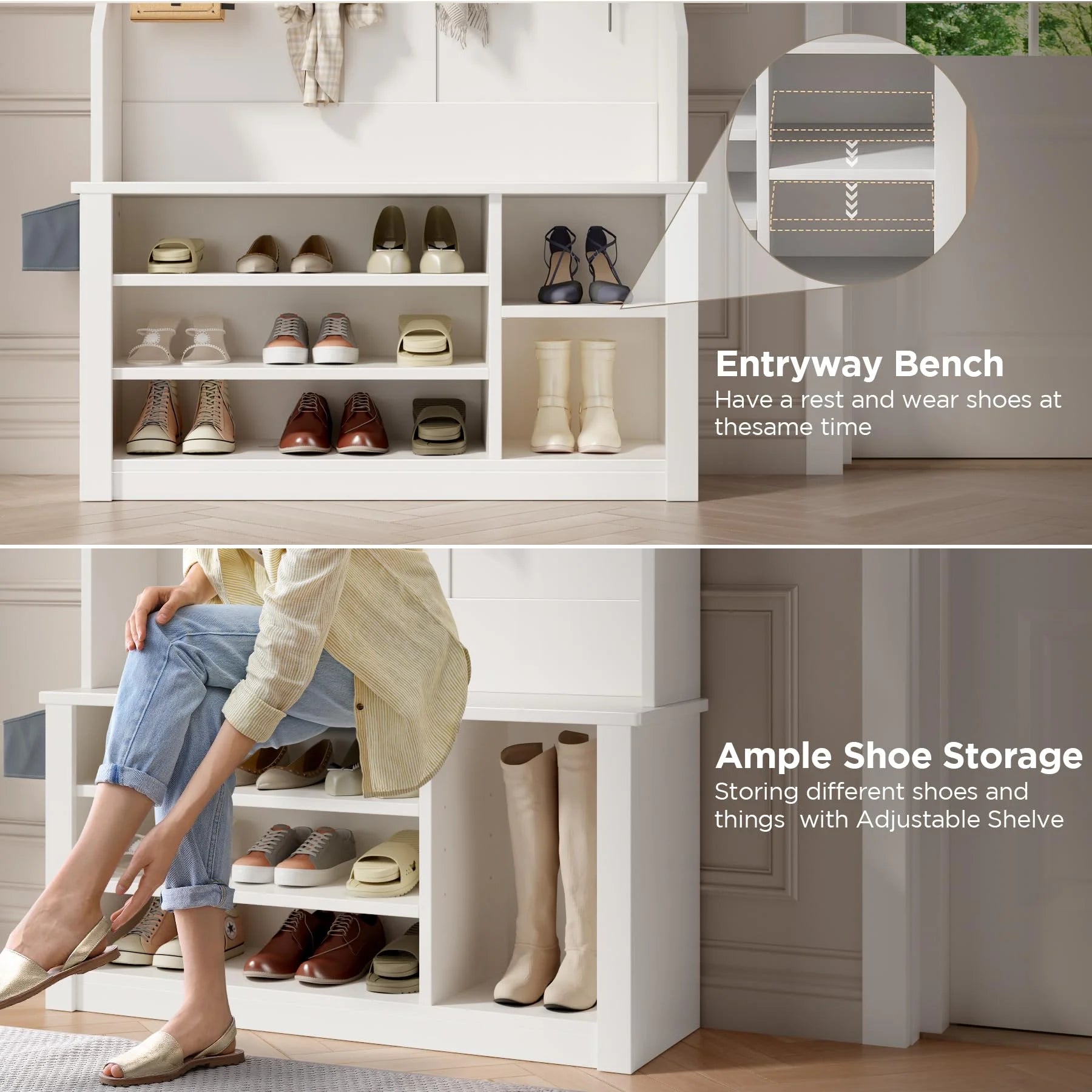 Lofka 5 - in - 1 Hall Tree with Bench and Shoe Storage, Entryway Hall Tree with Coat Rack, Adjustable Shoe Storage, 2 - Tier Top Storage, White