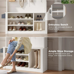 Lofka 5 - in - 1 Hall Tree with Bench and Shoe Storage, Entryway Hall Tree with Coat Rack, Adjustable Shoe Storage, 2 - Tier Top Storage, White