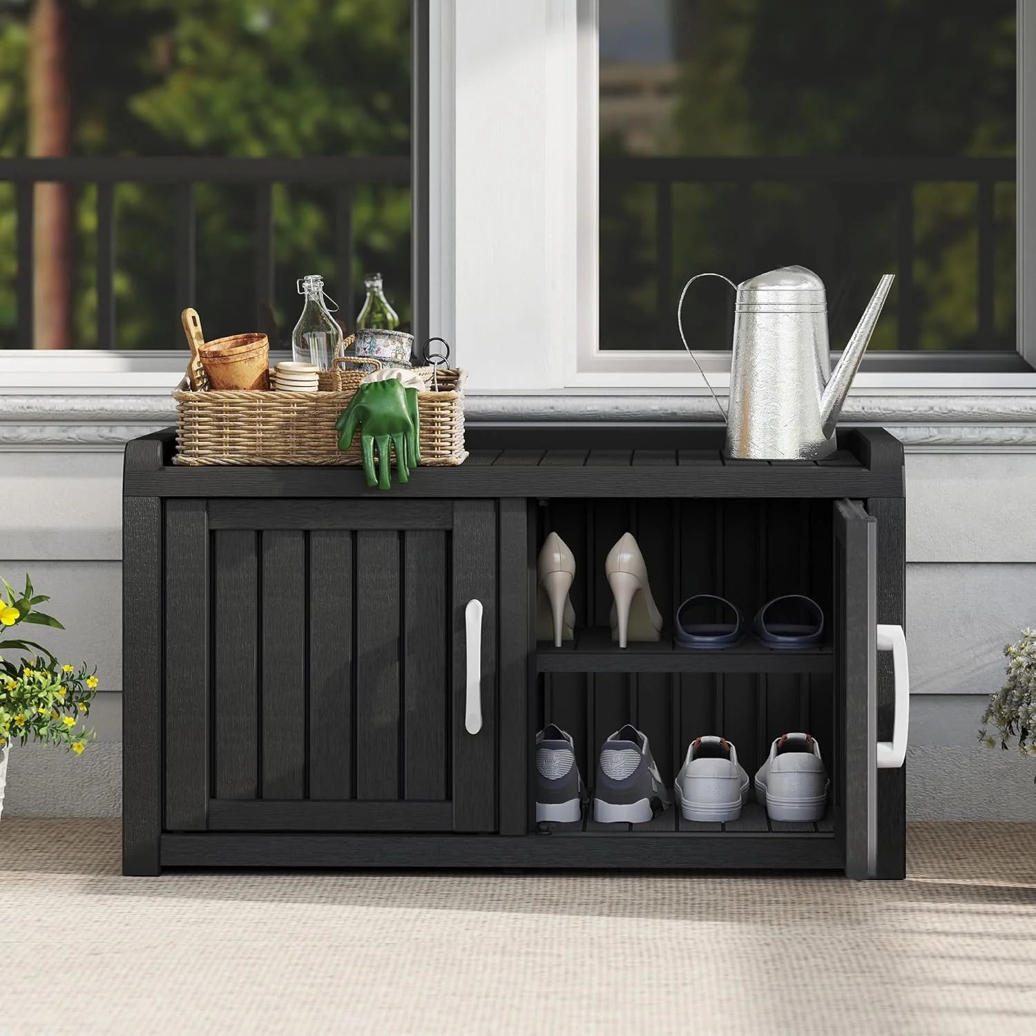 KAMABOKO Outdoor Shoe Storage Cabinet, Waterproof UV - Resistant Entryway Storage Bench Indoor Outdoor with 2 Barn Doors, Adjustable Shelves for Entryway, Bedroom, Hallway, Living Room(Black)