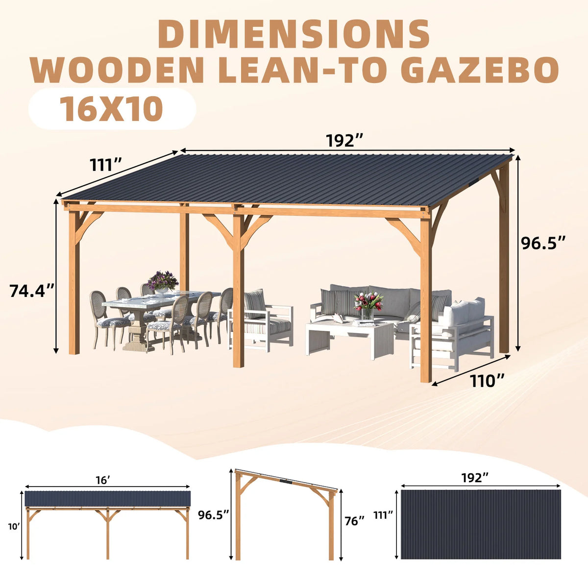 AECOJOY 16x10 Outdoor Wooden Pergola Gazebo with Curtains and Netting for Patio