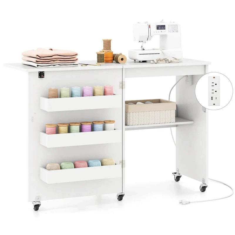 Folding Sewing Table with Charging Station, Rolling Craft Table w/ 3 Storage Trays & Shelf, Mobile Sewing Machine Cabinet for Small Spaces