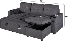 Papajet Sleeper Sofa, Modern Tufted Convertible Sofa Bed, USB Charging Ports & Cup Holders, L Shaped Sofa Couch with Storage Chaise, Linen Couches for Living Room (Dark Grey)