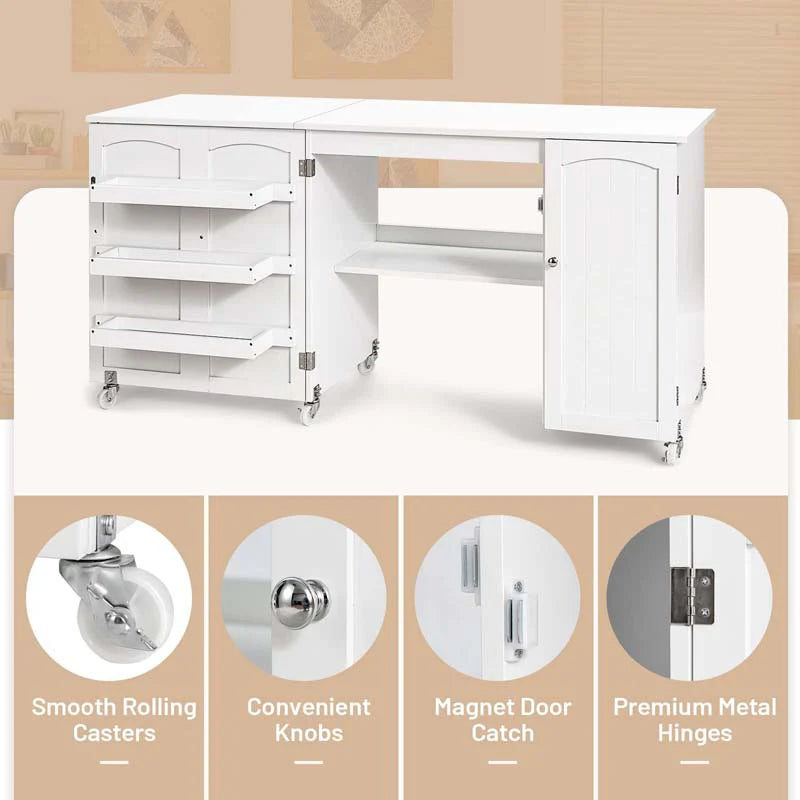62.5" Folding Sewing Table Rolling Craft Station with Storage Cabinet & Shelves, Foldable Sewing Machine Desk w/ Lockable Wheels for Home
