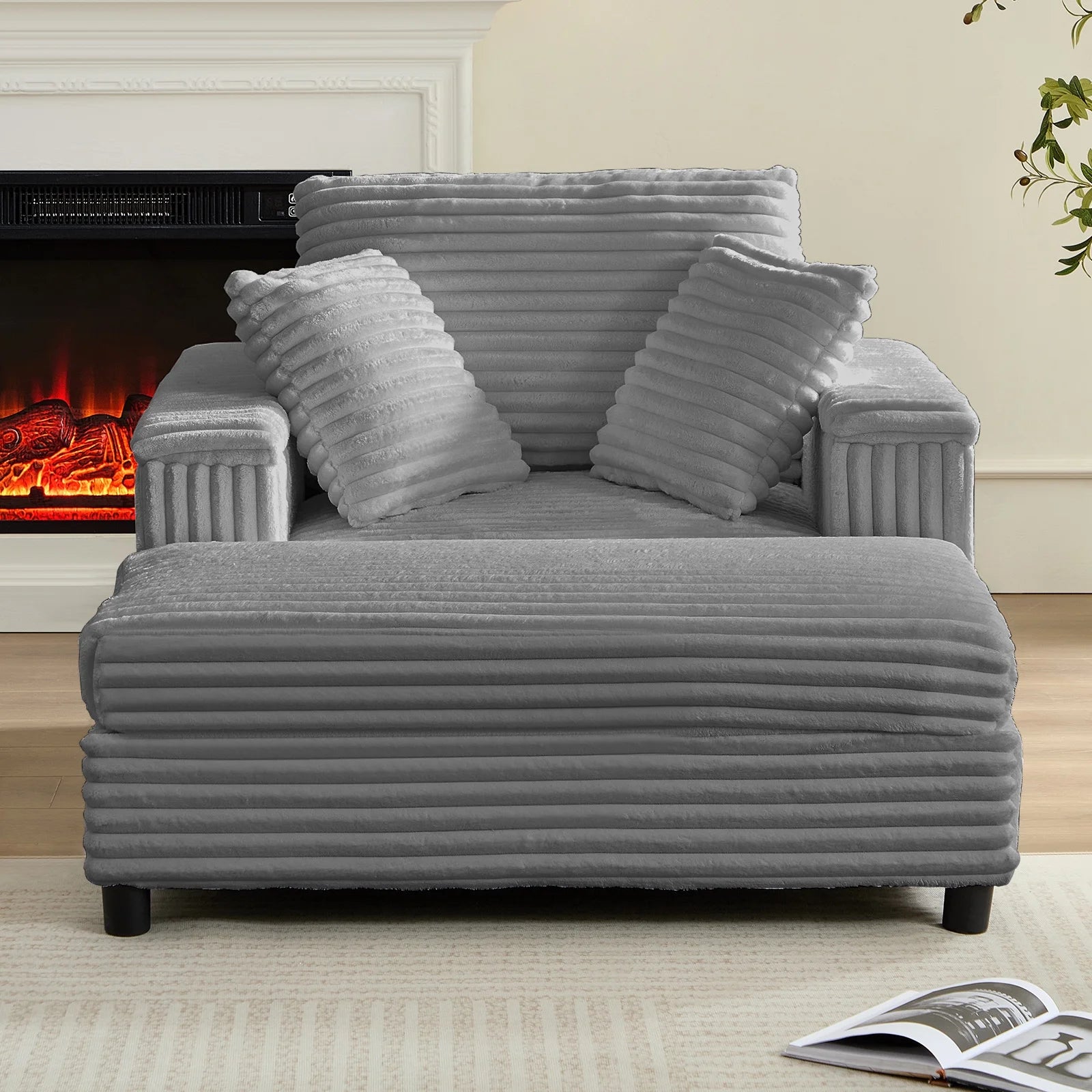 ZAFLY 44" Modern Corduroy Accent Armchair with Storage Ottoman for Living Room, Black