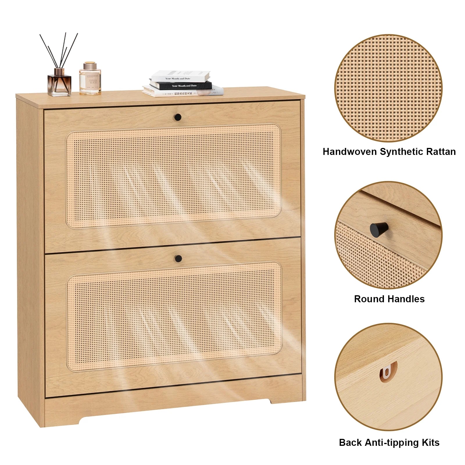 Hommpa Rattan Shoe Cabinet with 2 Flip Drawers & Adjustable Shelves 5 Tier Freestanding Tipping Bucket Shoes Storage Closet for 16 Pairs Narrow Console Table Modern Boho Entryway Shoe Rack Organizer
